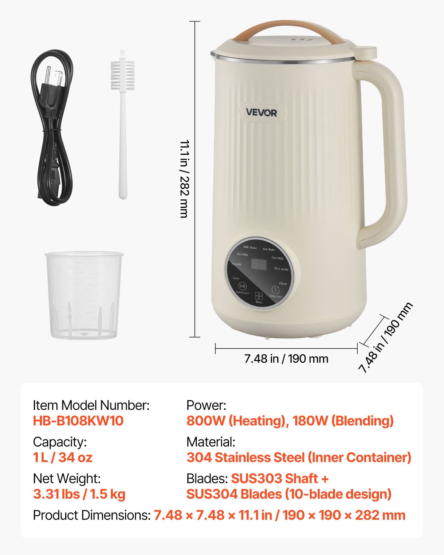 8-in-1 Nut Milk Maker, 34 oz Soy Milk Maker with 180W Blending, for Homemade Oat, Nut, Soy, Juice, Milkshake, Rice Cereal, Plant-Based Beverages with Self-Cleaning, Boil Water, 12-Hour Delay