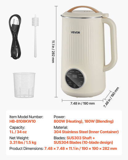 8-in-1 Nut Milk Maker, 34 oz Soy Milk Maker with 180W Blending, for Homemade Oat, Nut, Soy, Juice, Milkshake, Rice Cereal, Plant-Based Beverages with Self-Cleaning, Boil Water, 12-Hour Delay