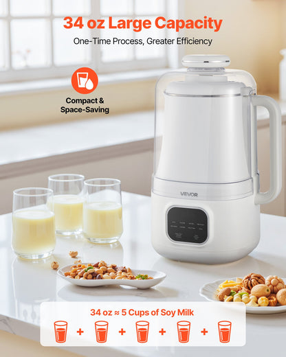 8-in-1 Nut Milk Maker, 34 oz Soy Milk Maker with 200W Blending, for Homemade Oat, Nut, Soy, Juice, Milkshake, Rice Cereal, Plant-Based Beverages with Self-Cleaning, Boil Water, 12-Hour Delay