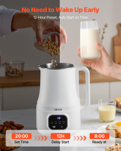 8-in-1 Nut Milk Maker, 34 oz Soy Milk Maker with 200W Blending, for Homemade Oat, Nut, Soy, Juice, Milkshake, Rice Cereal, Plant-Based Beverages with Self-Cleaning, Boil Water, 12-Hour Delay