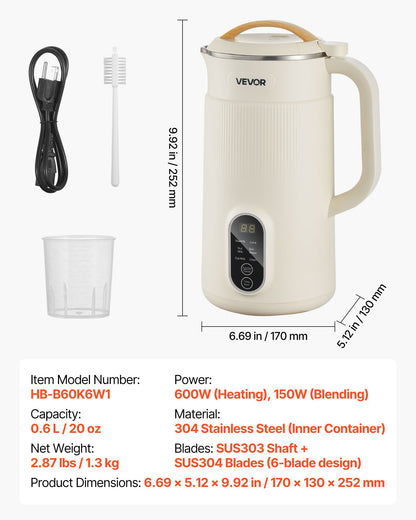 6-in-1 Nut Milk Maker, 20 oz Soy Milk Maker Machine with 6 Blades, for Homemade Oat, Nut, Soy, Juice, Plant-Based and Non Dairy Beverages with High-Temp Self-Cleaning, Boil Water, 12-Hour Delay