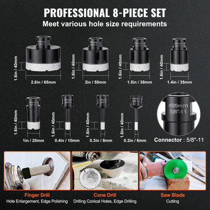 Diamond Core Drill Bit Set, 8 PCS 6/8/10/25/35/38/50/65mm Diamond Hole Saw Kit, with Finger Milling Bit Cone Bit Saw Blade and Storage Case, for Dry and Wet, Diamond Drill Bits for Ceramic Tile