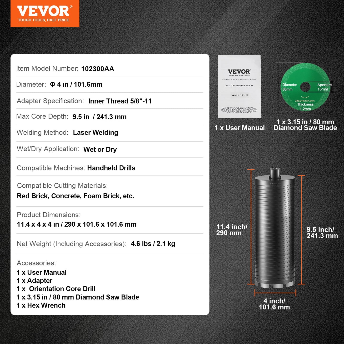 Core Drill Bit, 4" Wet/Dry Diamond Core Drill Bits for Brick and Block, Concrete Core Drill Bit with Pilot Bit Adapter and Saw Blade, 9.5" Drilling Depth, 5/8"-11 Inner Thread, Laser Welding