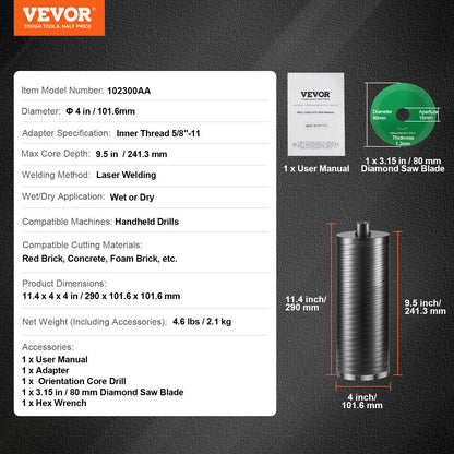 Core Drill Bit, 4" Wet/Dry Diamond Core Drill Bits for Brick and Block, Concrete Core Drill Bit with Pilot Bit Adapter and Saw Blade, 9.5" Drilling Depth, 5/8"-11 Inner Thread, Laser Welding