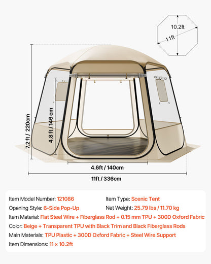 Pop up Bubble Tent, 11 x 10.2 ft Waterproof & UV-Resistant, Clear Camping Tent Shelter, Outdoor Garden Dome Igloo Tents with Windows, 540° Panoramic View, for 8-10 Persons Patio Backyard