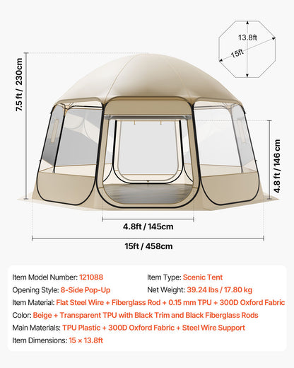 Pop up Bubble Tent, 15 x 13.8 ft Waterproof & UV-Resistant, Clear Camping Tent Shelter, Outdoor Garden Dome Igloo Tents with Windows, 540° Panoramic View, for 12-15 Persons Patio Backyard