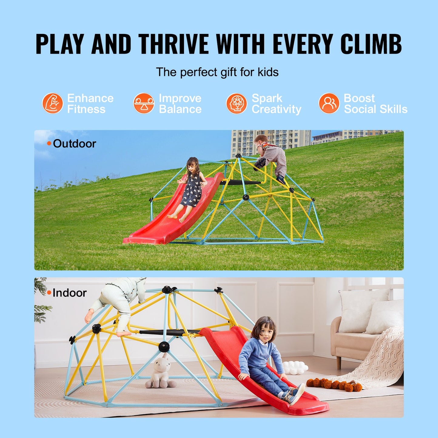 Climbing Dome, for Kids 3 to 9 Years Old, 8FT Geometric Dome Climber with Slide,Jungle Gym Supports 600LBS and Easy Assembly, with Climbing Grip, Outdoor and Indoor Play Equipment for Kids
