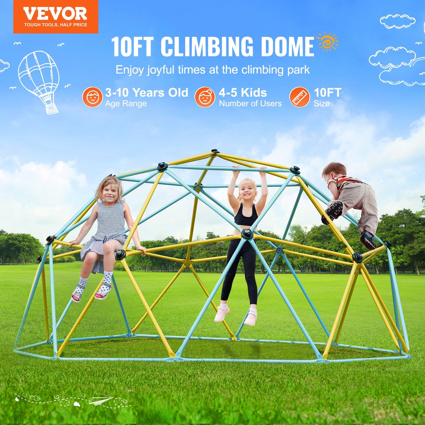 Climbing Dome, 10FT Geometric Dome Climber Play Center for Kids 3 to 10 Years Old, Jungle Gym Supports 750 LBS and Easy Assembly, with Climbing Grips, Outdoor Play Equipment for Kids