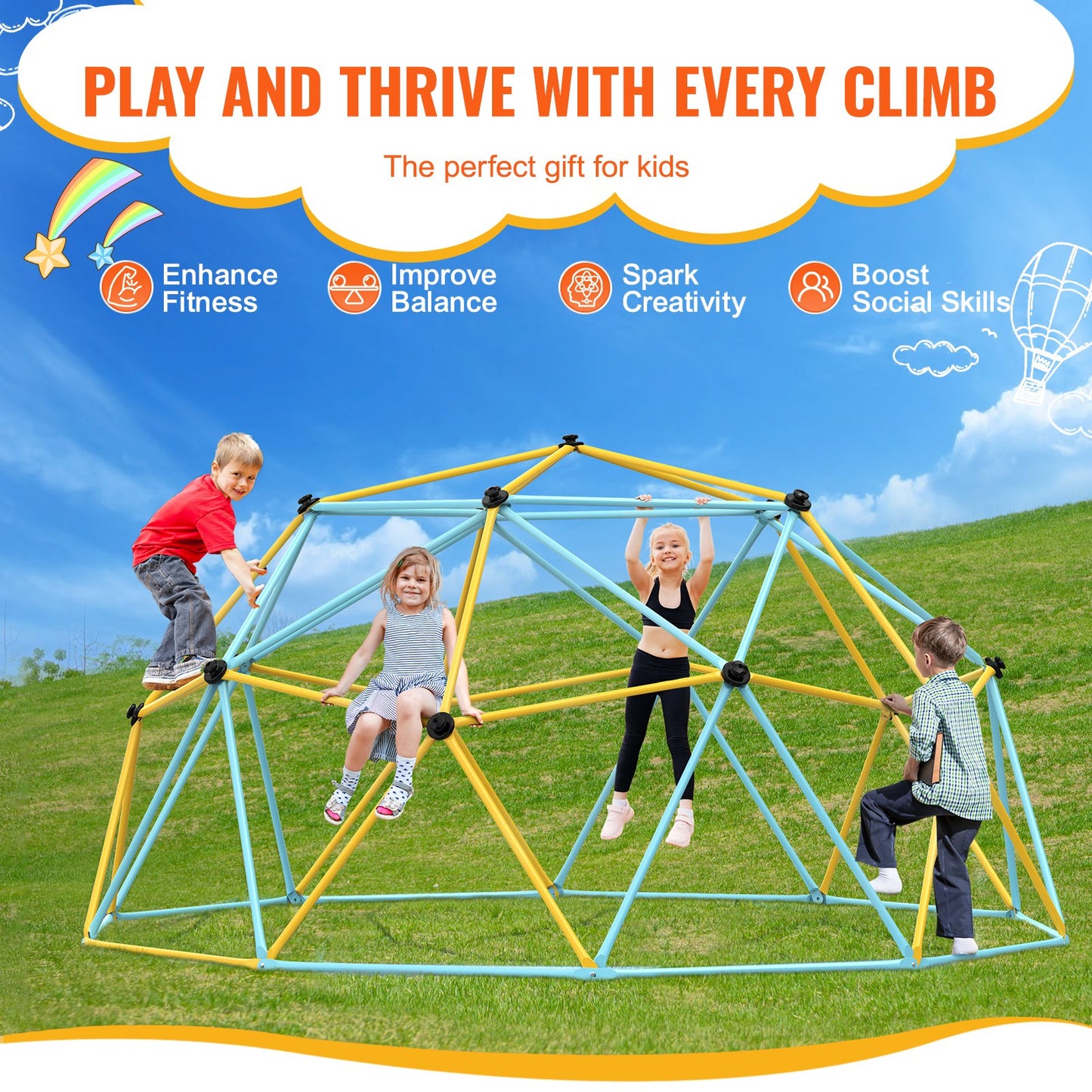 Climbing Dome,Jungle Gym Supports 750LBS and Easy Assembly, 12FT Geometric Dome Climber Play Center for Kids 3 to 10 Years Old, with Climbing Grip, Outdoor Backyard Play Equipment for Kids
