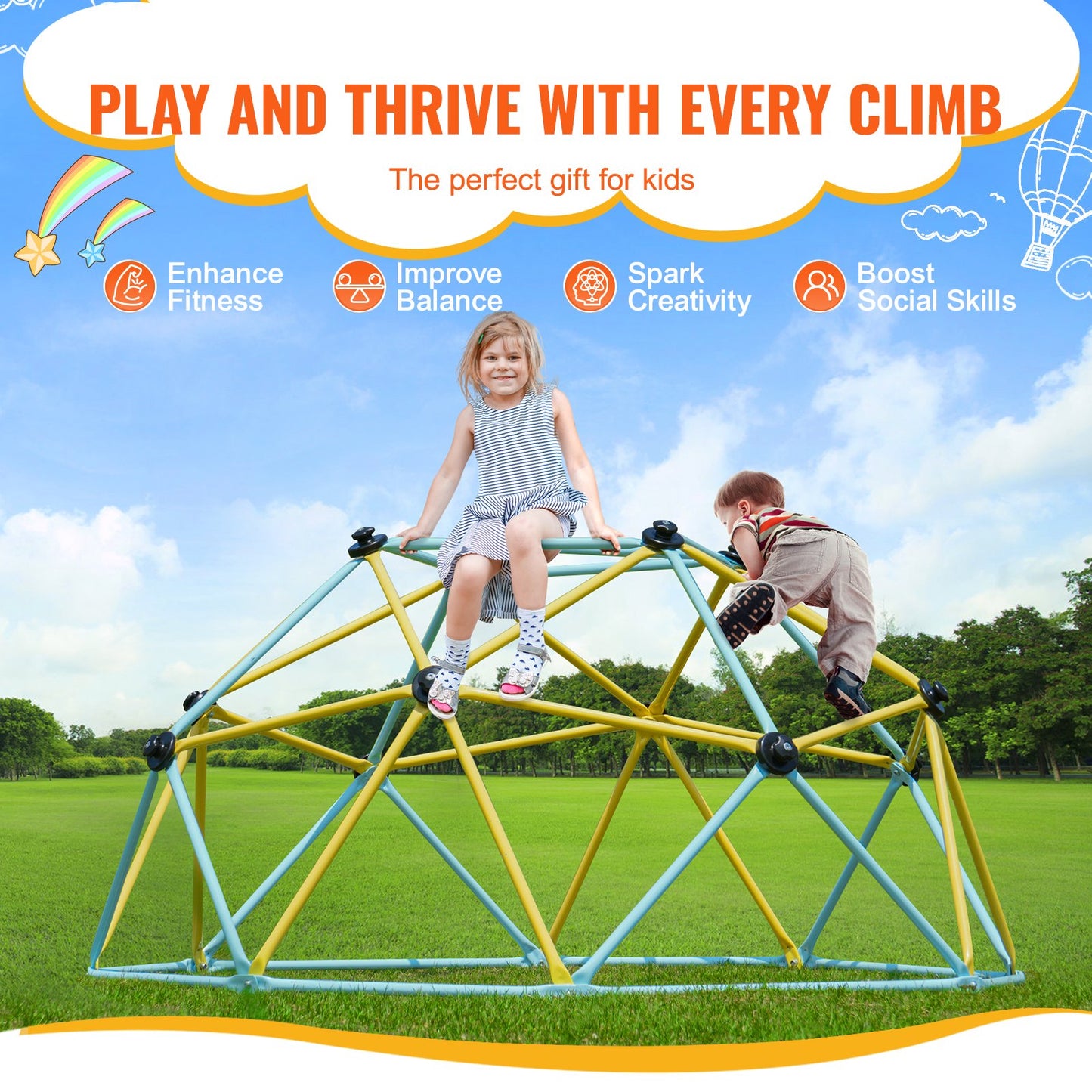 Climbing Dome, Jungle Gym Supports 600LBS and Easy Assembly, 6FT Geometric Dome Climber Play Center for Kids 3 to 9 Years Old, with Climbing Grip, Outdoor and Indoor Play Equipment for Kids