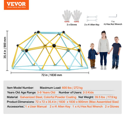 Climbing Dome, 6FT Geometric Dome Climber Play Center for Kids 3 to 9 Years Old, Jungle Gym Supports 600 LBS and Easy Assembly, with Climbing Grips, Outdoor and Indoor Play Equipment for Kids