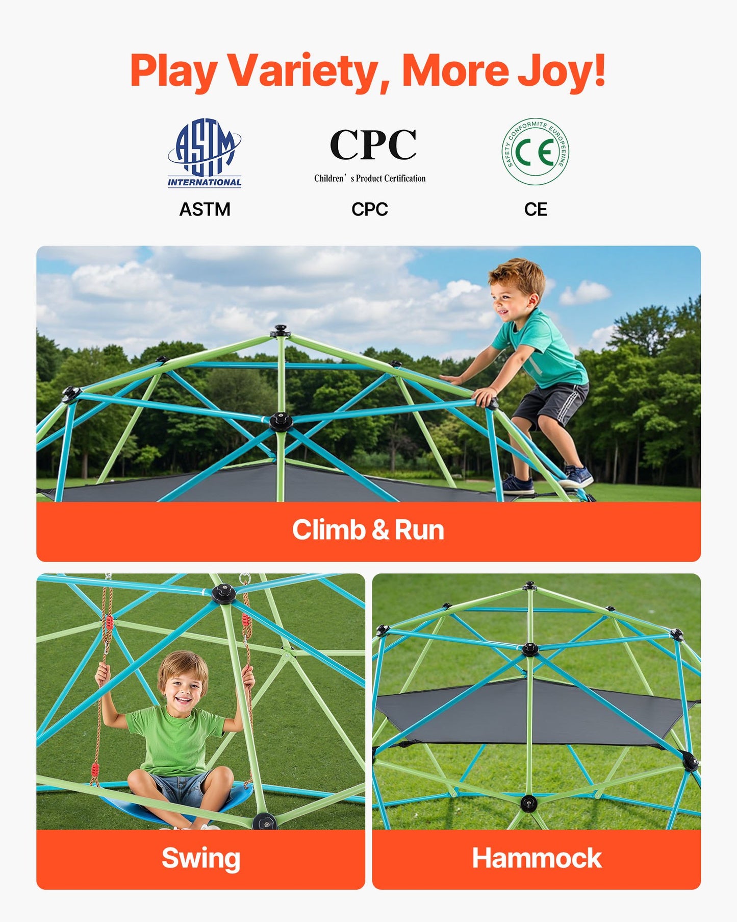 Climbing Dome, 10FT Geometric Dome Climber with Swing & Hammock, 1000LBS Loading Kid's Jungle Gym Playground, Easy-Assembly Outdoor Backyard Climbing Equipment for Boys Girls 3 to 10 Years Old