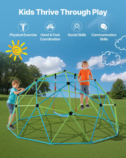 Climbing Dome, 10FT Geometric Dome Climber with Swing & Hammock, 1000LBS Loading Kid's Jungle Gym Playground, Easy-Assembly Outdoor Backyard Climbing Equipment for Boys Girls 3 to 10 Years Old
