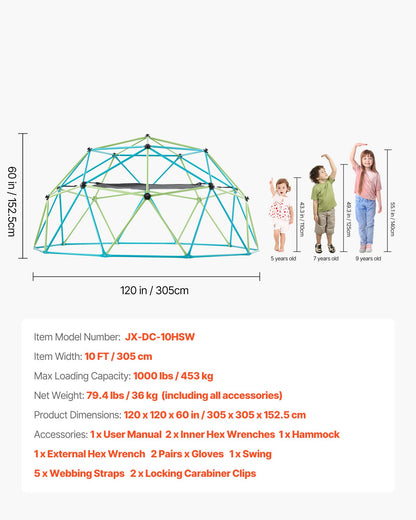 Climbing Dome, 10FT Geometric Dome Climber with Swing & Hammock, 1000LBS Loading Kid's Jungle Gym Playground, Easy-Assembly Outdoor Backyard Climbing Equipment for Boys Girls 3 to 10 Years Old