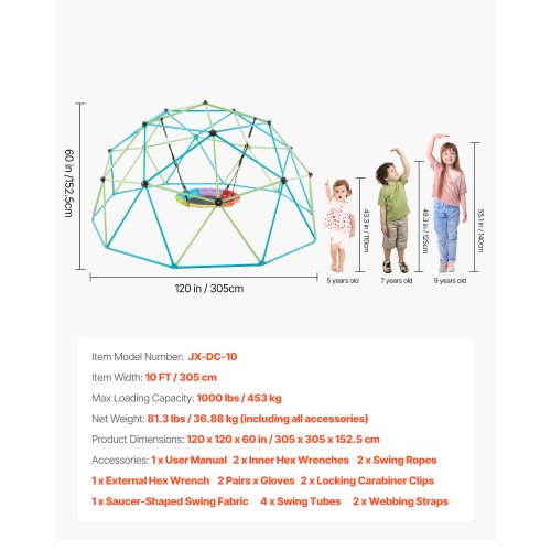 Klätterkupol 10FT Geometrisk Kupolklättrare med Underfatsgunga 1000LB Last |  EU