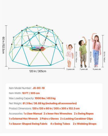 Climbing Dome, 10FT Geometric Dome Climber with Saucer Swing, 1000LBS Loading Kid's Jungle Gym Playground, Easy-Assembly Outdoor Backyard Climbing Equipment for Boys Girls 3 to 10 Years Old
