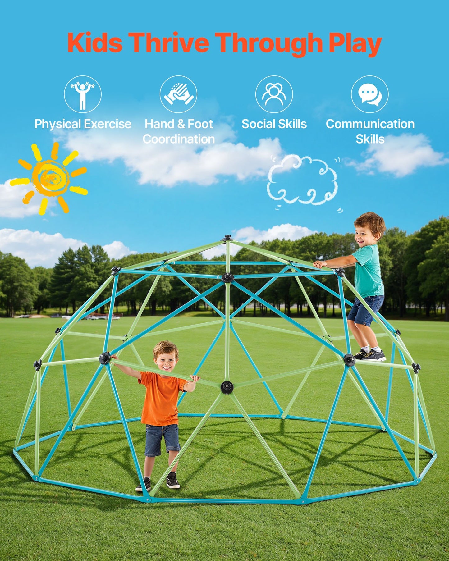 Climbing Dome, 10FT Geometric Dome Climber for Kids, 1000LBS Loading Jungle Gym Playground with Octopus Net & 2 Basketballs, Easy-Assembly Outdoor Backyard Climbing Toys - Gift for Boys Girls