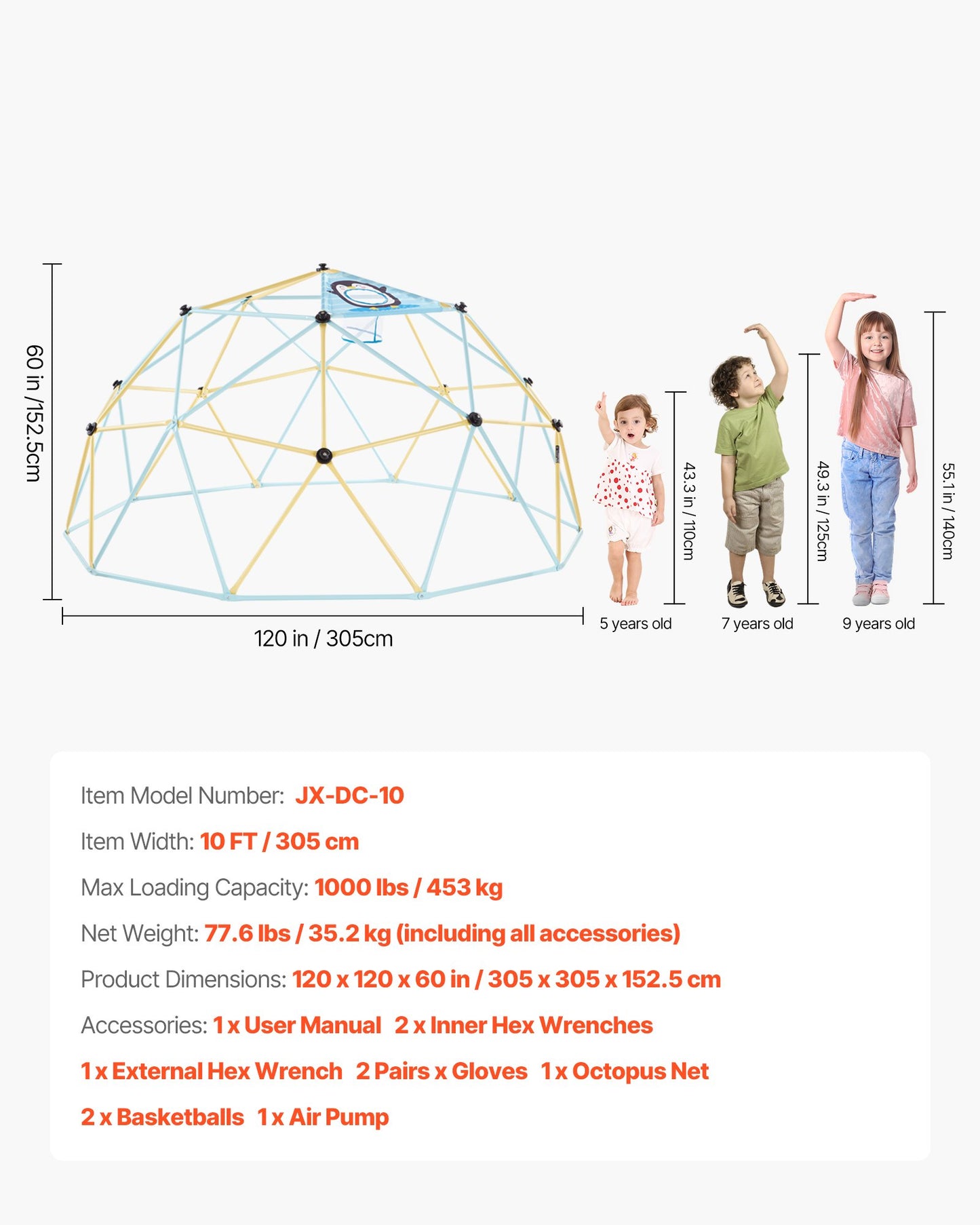 Climbing Dome, 10FT Geometric Dome Climber, 1000LBS Loading Jungle Gym Playground with 2 Basketballs & Octopus Net, Easy-Assembly Outdoor Backyard Climbing Equipment for Kids 3 to 10 Years Old
