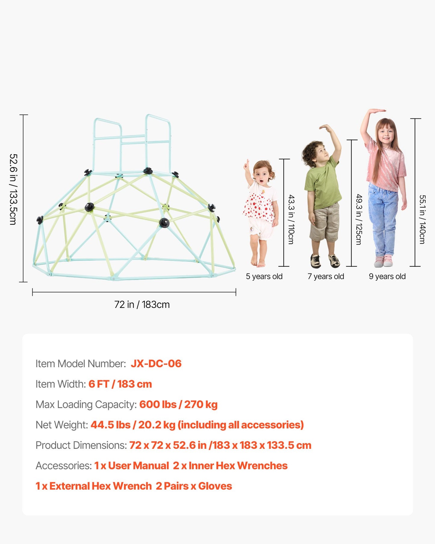 Climbing Dome, 6FT Geometric Dome Climber for Kids, 600LBS Loading Indoor/Outdoor Jungle Gym Playground, Easy-Assembly Backyard Climbing Play Equipment for Boys Girls 3 to 10 Years Old