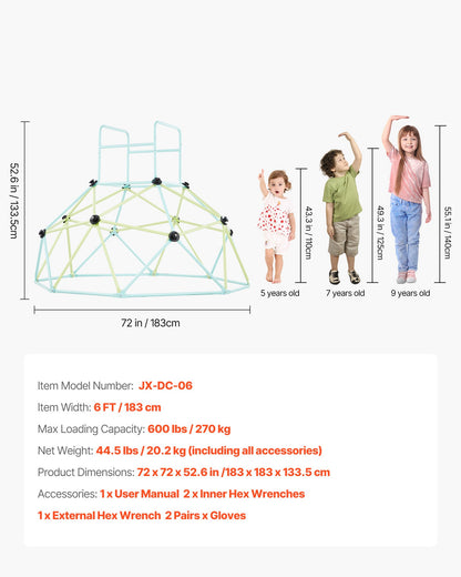 Climbing Dome, 6FT Geometric Dome Climber for Kids, 600LBS Loading Indoor/Outdoor Jungle Gym Playground, Easy-Assembly Backyard Climbing Play Equipment for Boys Girls 3 to 10 Years Old