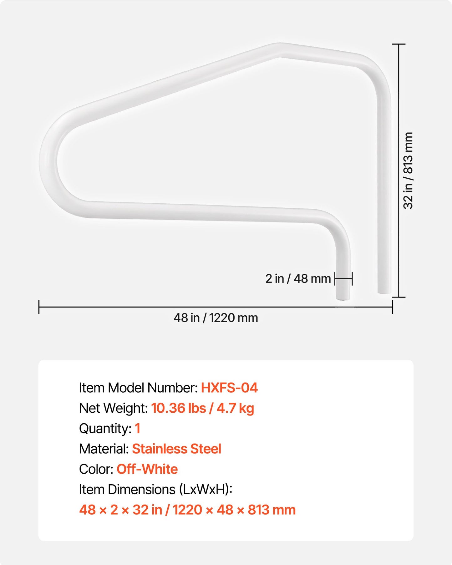Pool Rail, 48 x 32 inch Pool Handrail, 220 lbs Load Capacity Heavy Duty Stainless Steel Swimming Handrail, Seamless Welding, Recessed or Base Mount, for Poolside, Water Parks, Spa Centers