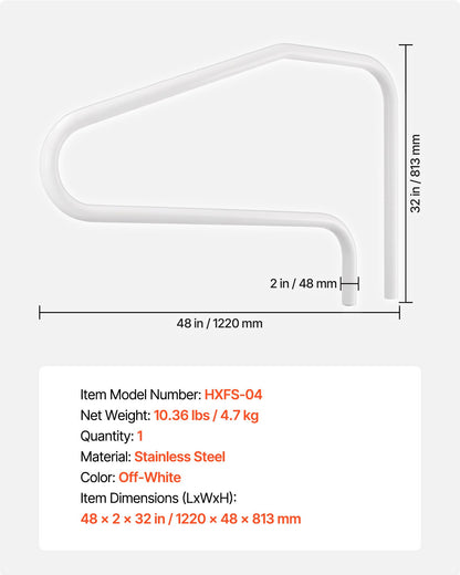 Pool Rail, 48 x 32 inch Pool Handrail, 220 lbs Load Capacity Heavy Duty Stainless Steel Swimming Handrail, Seamless Welding, Recessed or Base Mount, for Poolside, Water Parks, Spa Centers