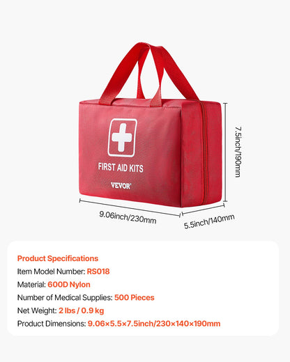 First Aid Kit, 500 Pieces, 600D Nylon Large Survival First Aid Bag, Emergency Medical Supplies, for Home, Car, Office, Travel, Camping, Truck, Hiking, Sports, Vehicle and Outdoor Emergencies