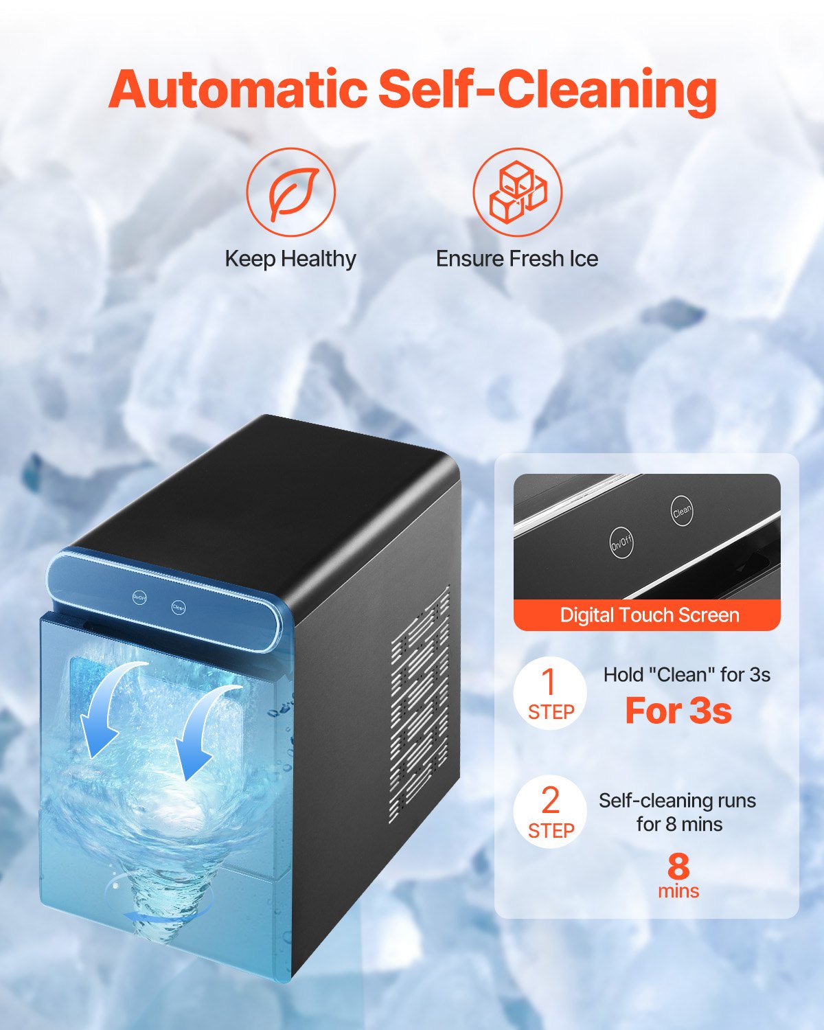 Nugget Ice Maker, 37lbs/24H Pebble Ice Maker with Self Cleaning, Chewable Ice Maker with Ice Scoop and Basket, Stainless Steel Ice Machine with Convenient Ice Transfer for Home Kitchen Office