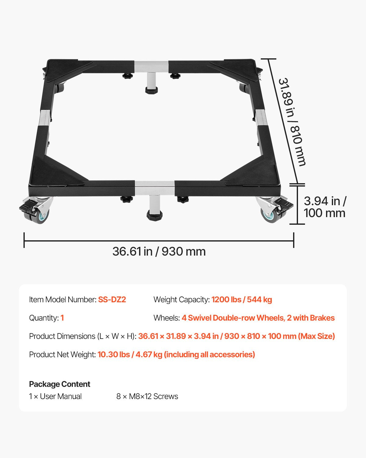 Mobiler Kühlschranksockel, 1200 lbs, 23 - 36,6 Zoll, verstellbarer Möbelwagen