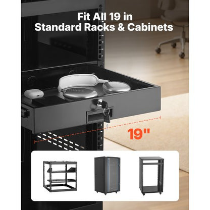 2U rackmonterad låda, 22,68 kg max belastning, låsbar serverskåplåda, glidande låda med lås och kabelhanteringshål, för nätverksutrustningsserver, AV-rack eller skåphölje |  EU