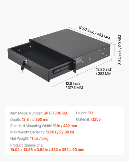 2U Rack Mount Drawer, 50 lbs Max Load-Bearing, Lockable Server Cabinet Case, Sliding Drawer with Lock and Cable Management Holes, for 19 in Network Equipment Server AV Rack or Cabinet Enclosure