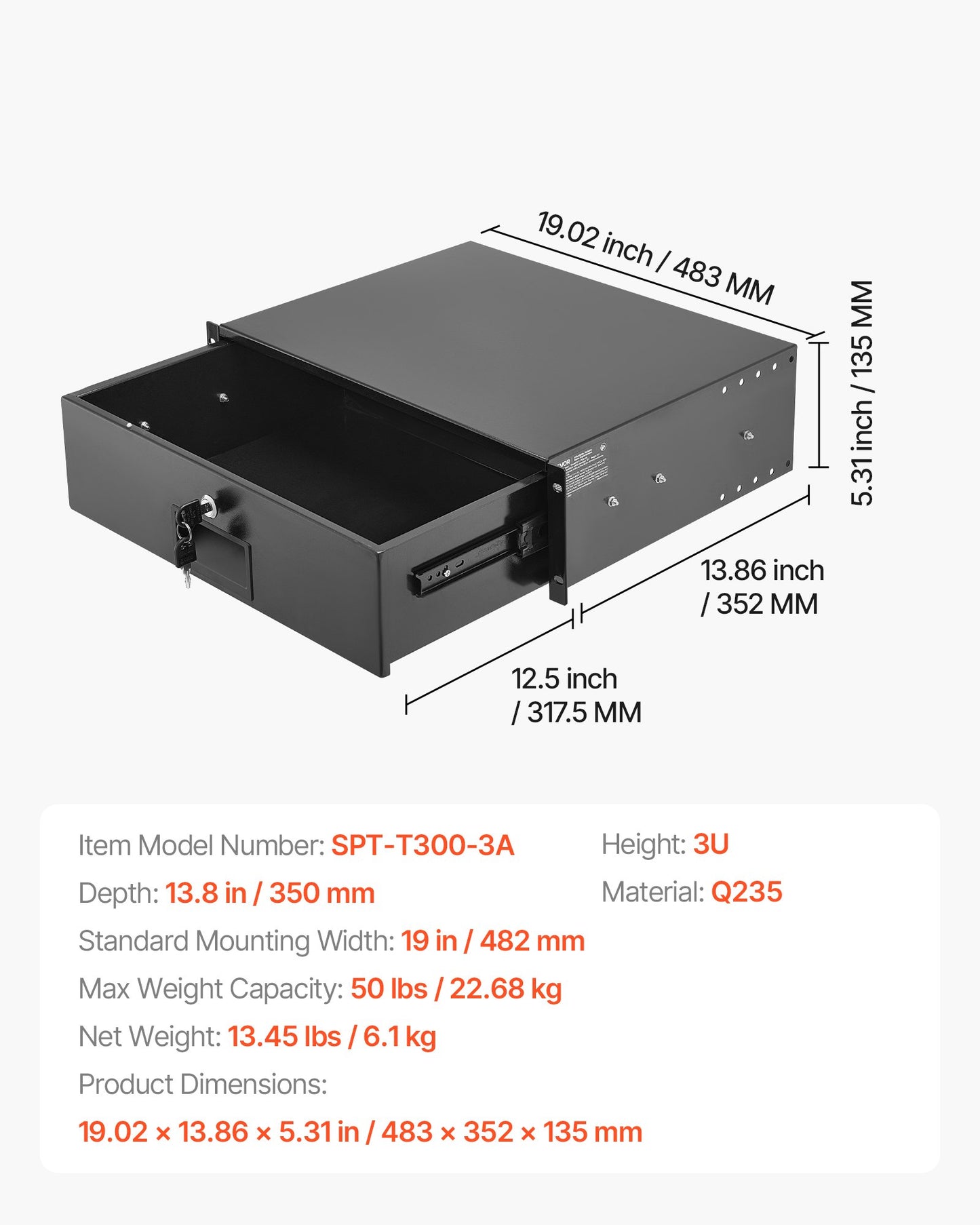 3U Rack Mount Drawer, 50 lbs Max Load-Bearing, Lockable Server Cabinet Case, Sliding Drawer with Lock and Cable Management Holes, for 19 in Network Equipment Server AV Rack or Cabinet Enclosure