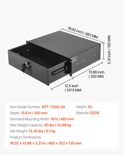 3U Rack Mount Drawer, 50 lbs Max Load-Bearing, Lockable Server Cabinet Case, Sliding Drawer with Lock and Cable Management Holes, for 19 in Network Equipment Server AV Rack or Cabinet Enclosure