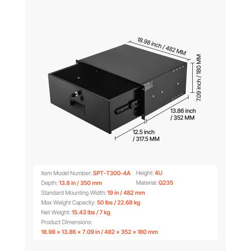 4U rackmonterad låda, 22,68 kg max belastning, låsbar serverskåplåda, glidande låda med lås och kabelhanteringshål, för nätverksutrustning, server, AV-rack eller skåphölje |  EU