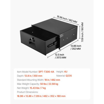 4U rackmonterad låda, 22,68 kg max belastning, låsbar serverskåplåda, glidande låda med lås och kabelhanteringshål, för nätverksutrustning, server, AV-rack eller skåphölje |  EU