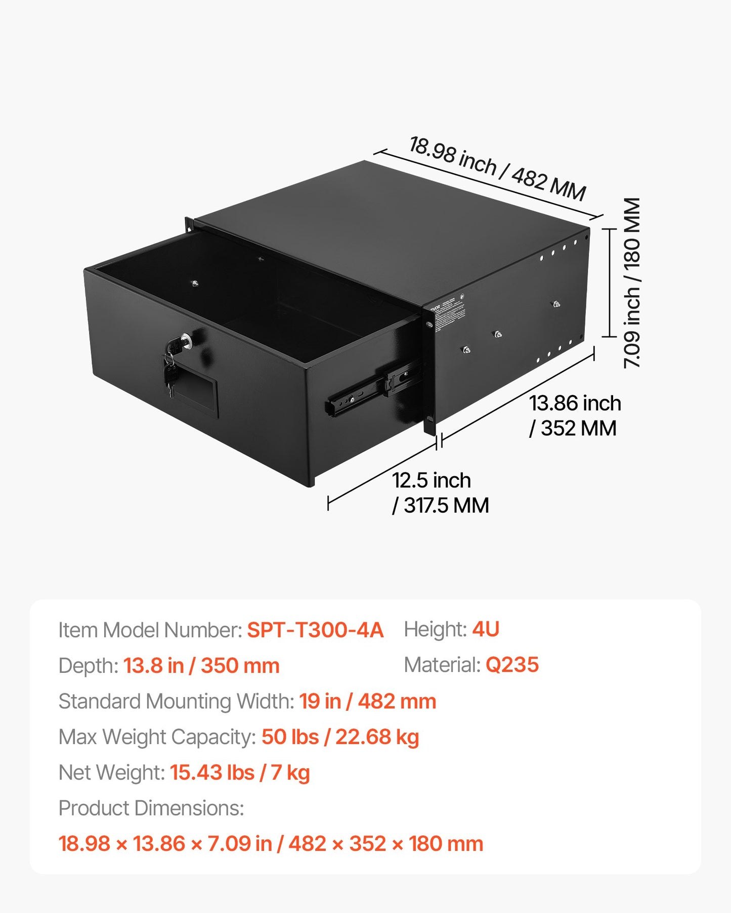 4U Rack Mount Drawer, 50 lbs Max Load-Bearing, Lockable Server Cabinet Case, Sliding Drawer with Lock and Cable Management Holes, for 19 in Network Equipment Server AV Rack or Cabinet Enclosure