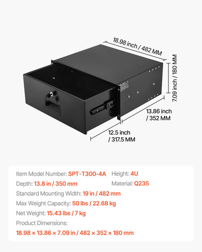 4U Rack Mount Drawer, 50 lbs Max Load-Bearing, Lockable Server Cabinet Case, Sliding Drawer with Lock and Cable Management Holes, for 19 in Network Equipment Server AV Rack or Cabinet Enclosure