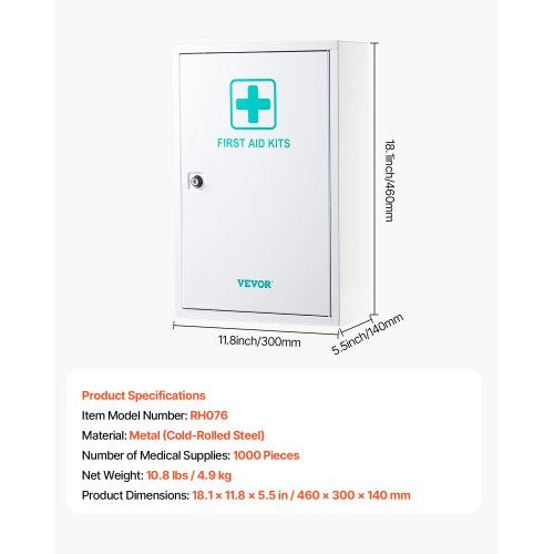 Första hjälpen-skåp med 3 hyllor, 1000 delar, väggmonterat medicinskåp i metall