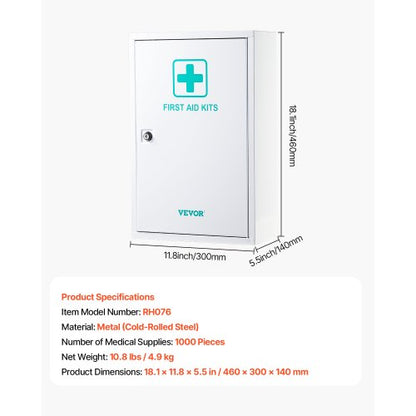 Första hjälpen-skåp med 3 hyllor, 1000 delar, väggmonterat medicinskåp i metall