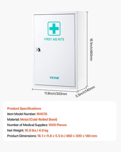 3-Shelf First Aid Cabinet, 1000 Pieces, Large Capacity First Aid Kit, Wall Mounted Medicine Cabinet, OSHA & ANSI 2015 (Class A), Industrial Emergency Metal Med Box, for Business and Worksite