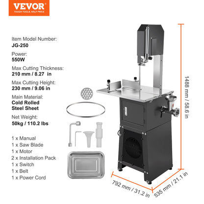 Commercial Electric Meat Bandsaw, 550W Stainless Steel Vertical Bone Sawing Machine, 19.1"x15" Workbench, 7.09 Inch Cutting Thickness, Frozen Meat Cutter with Blade for Rib Pork Beef