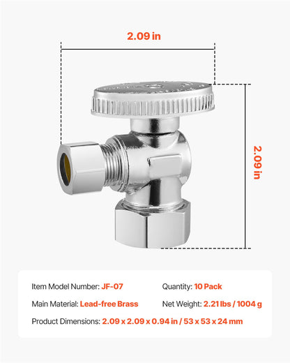 10-Pack Angle Stop Valve, 1/4 Turn Water Shut Off Valves, 1/2" Nominal (5/8" OD) Compression Inlet x 3/8" OD Compression Outlet Shutoff Valve for Bathroom Kitchen Toilet Shower Plumbing