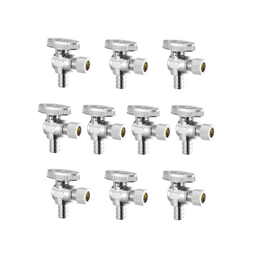 10 Pack Angle Stop Valve, Water Shut Off Valve 1/2" PEX x 3/8" OD Compression, 1/4 Turn Chrome Plated Brass Shutoff Valves for Bathroom Kitchen Toilet Shower Plumbing