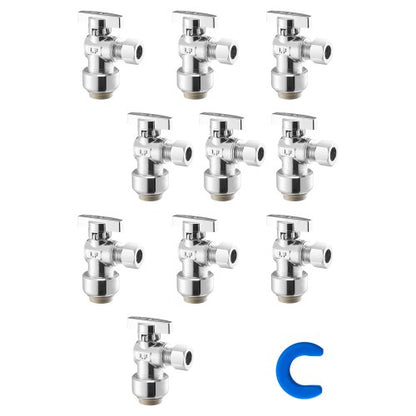 10 Pack Angle Stop Valve, Push-to-Connect Water Shut Off Valve 1/2" PTC x 3/8" OD Compression, 1/4 Turn Chrome Plated Brass Shutoff Valves for Copper, CPVC, PE-RT, PEX Pipe