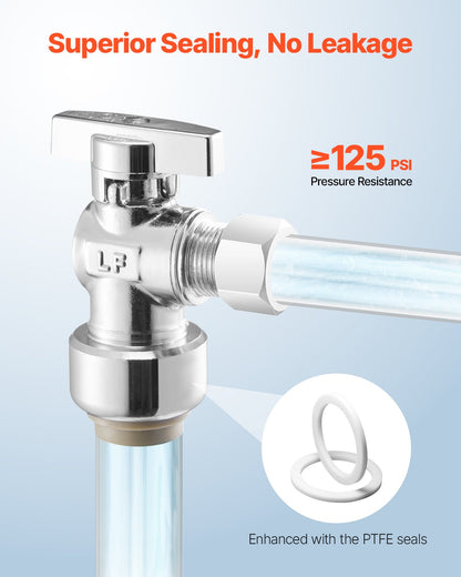 10 Pack Angle Stop Valve, Push-to-Connect Water Shut Off Valve 1/2" PTC x 3/8" OD Compression, 1/4 Turn Chrome Plated Brass Shutoff Valves for Copper, CPVC, PE-RT, PEX Pipe