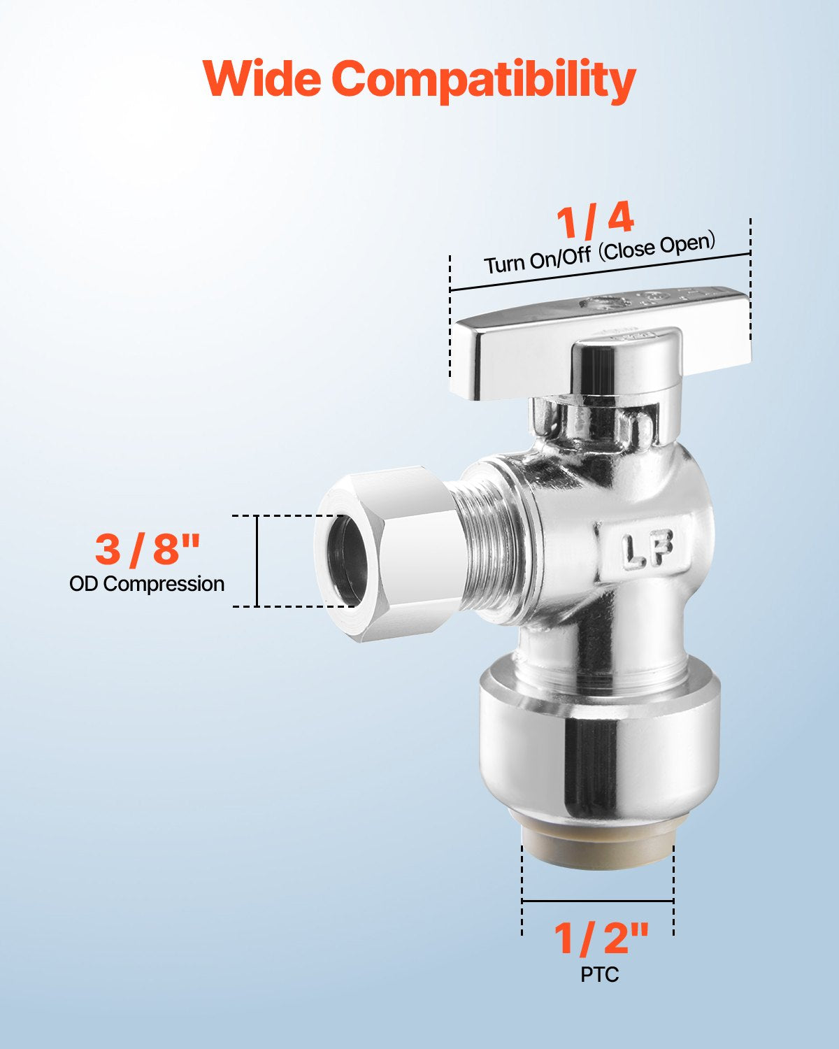 10 Pack Angle Stop Valve, Push-to-Connect Water Shut Off Valve 1/2" PTC x 3/8" OD Compression, 1/4 Turn Chrome Plated Brass Shutoff Valves for Copper, CPVC, PE-RT, PEX Pipe