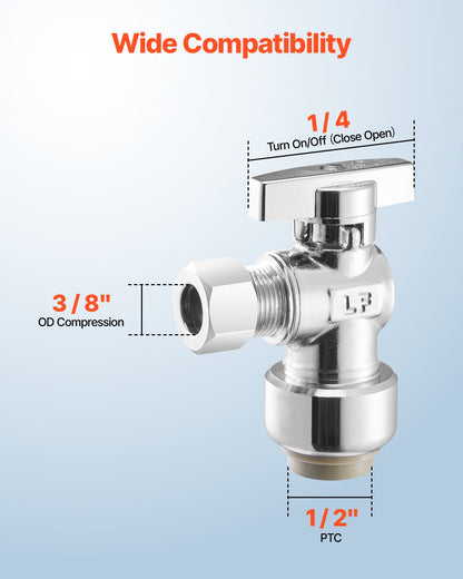 10 Pack Angle Stop Valve, Push-to-Connect Water Shut Off Valve 1/2" PTC x 3/8" OD Compression, 1/4 Turn Chrome Plated Brass Shutoff Valves for Copper, CPVC, PE-RT, PEX Pipe