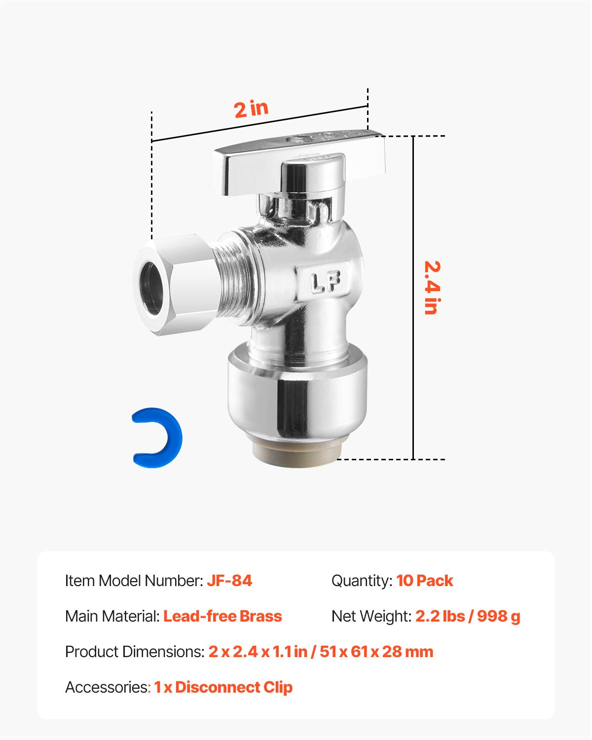 10 Pack Angle Stop Valve, Push-to-Connect Water Shut Off Valve 1/2" PTC x 3/8" OD Compression, 1/4 Turn Chrome Plated Brass Shutoff Valves for Copper, CPVC, PE-RT, PEX Pipe