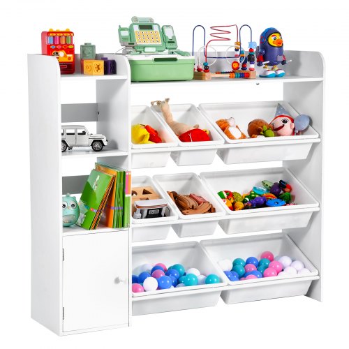 Kids Toy Storage and Bookshelf, 4-Tier Toy Storage Organizer with 8 Flexible Plastic Bins, Kids Cubby Cabinet with Bookshelf for Study Room, Bedroom, Playroom, Classroom, Nursery, White