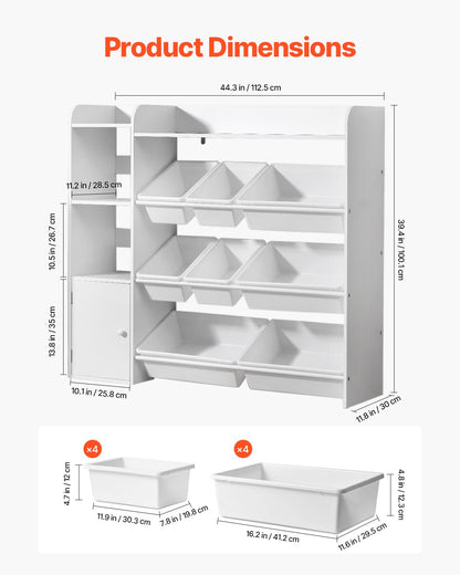 Kids Toy Storage and Bookshelf, 4-Tier Toy Storage Organizer with 8 Flexible Plastic Bins, Kids Cubby Cabinet with Bookshelf for Study Room, Bedroom, Playroom, Classroom, Nursery, White